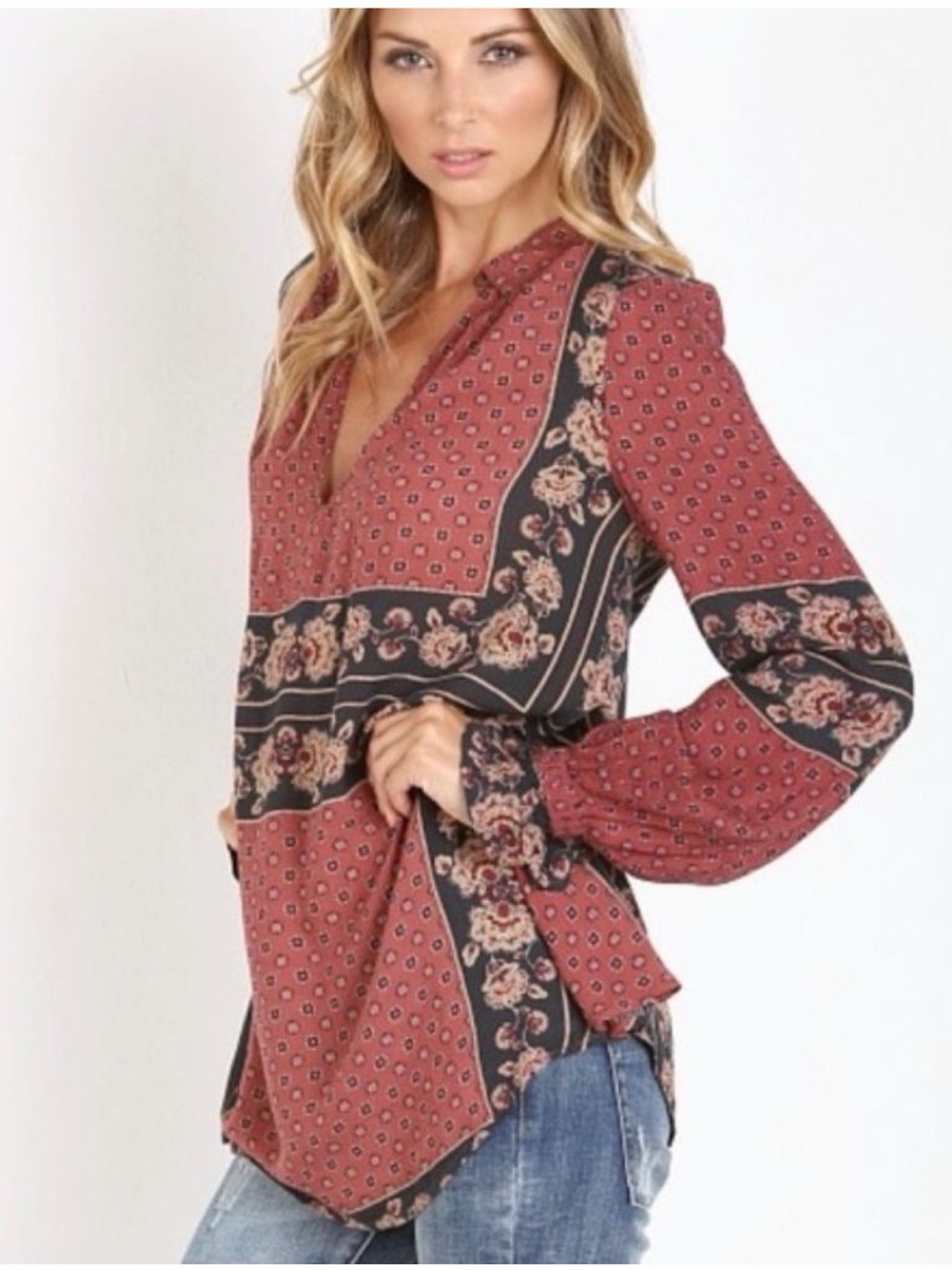 Free People Long Sleeve V-Neck Tunic Blouse. Size L. #10494